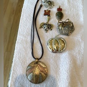 Necklace with brown cord and array of pendants